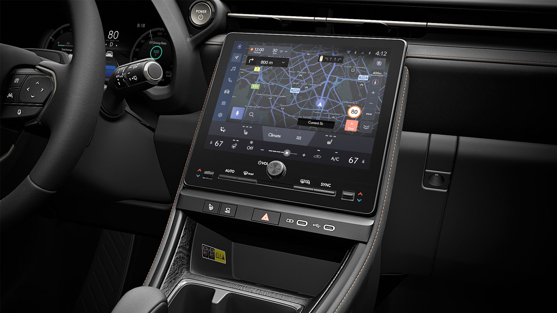 Multimedia screen showing a map on the Lexus LBX prototype.