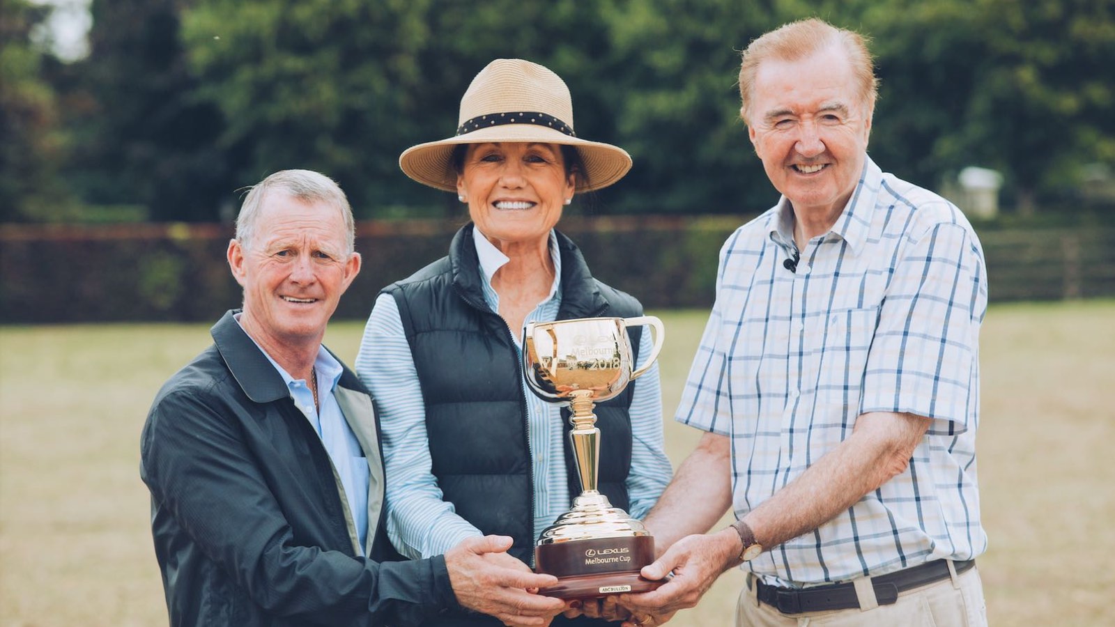 Jockey Mick Kinane, VRC Chairman Amanda Elliott and trainer Dermot Weld