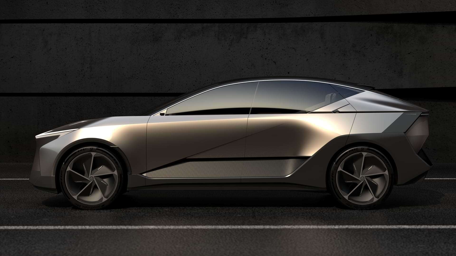 Side profile of the Lexus LF-ZL concept vehicle, dark grey