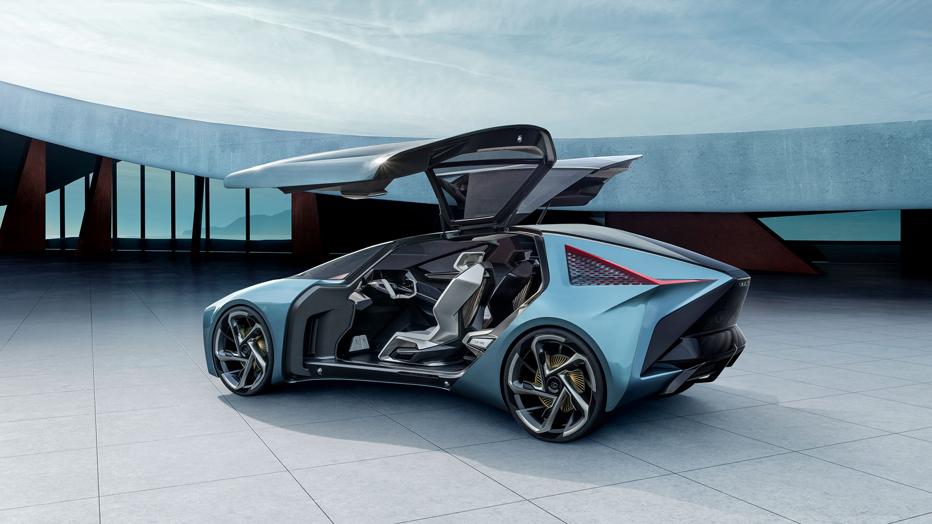 Lexus LF-30 Electrified Concept vehicle in metallic blue colour with its front doors open