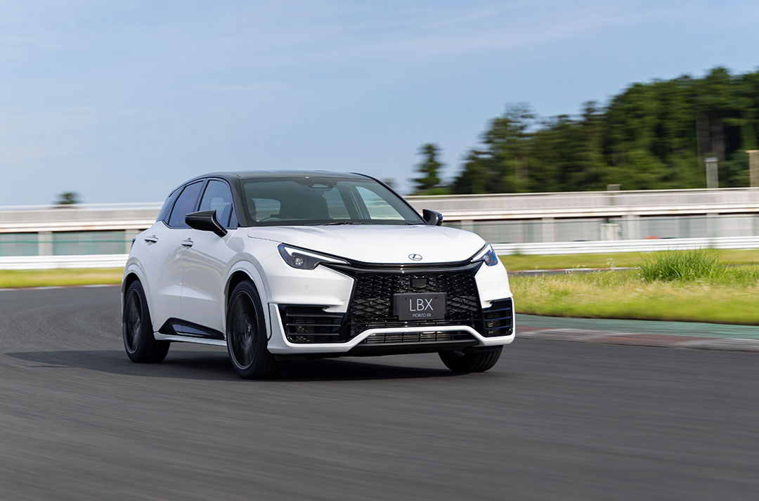 A white Lexus LBX Morizo RR drives along a driving track