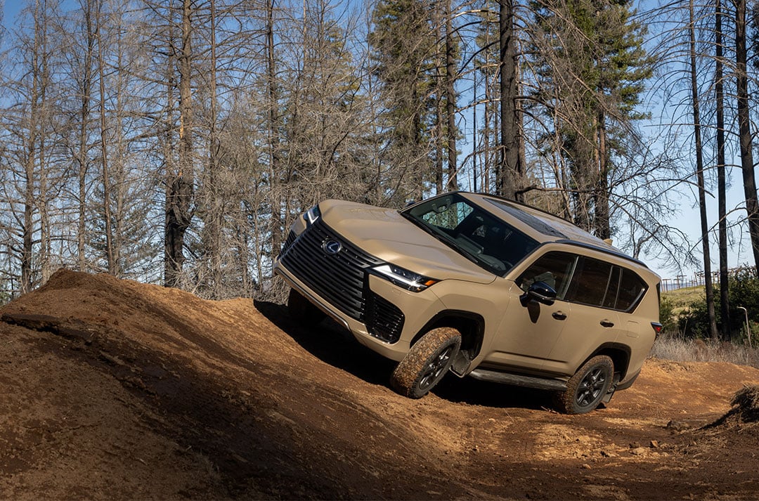 A tan Lexus LX SUV driving cross country with trees in the background