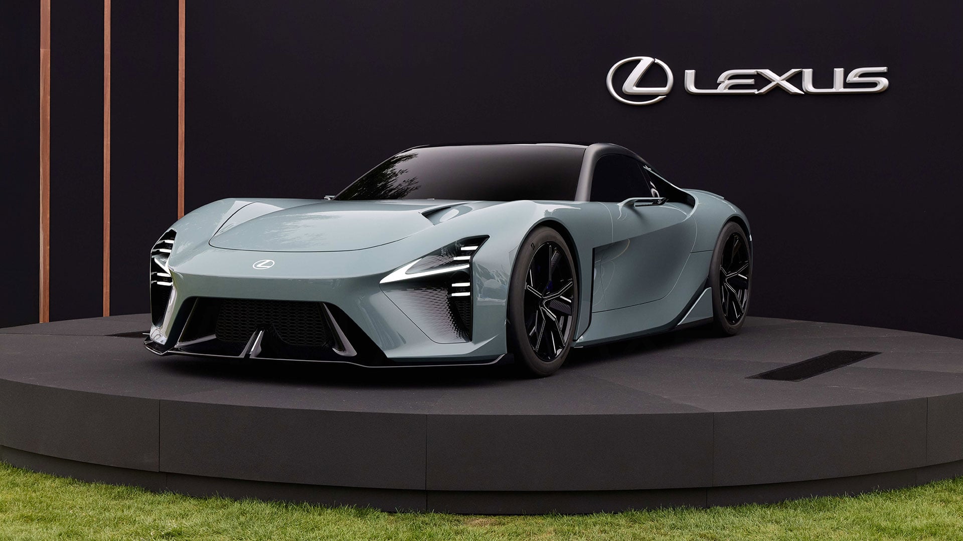 Metallic grey Lexus Sport Concept displayed on a raised platform