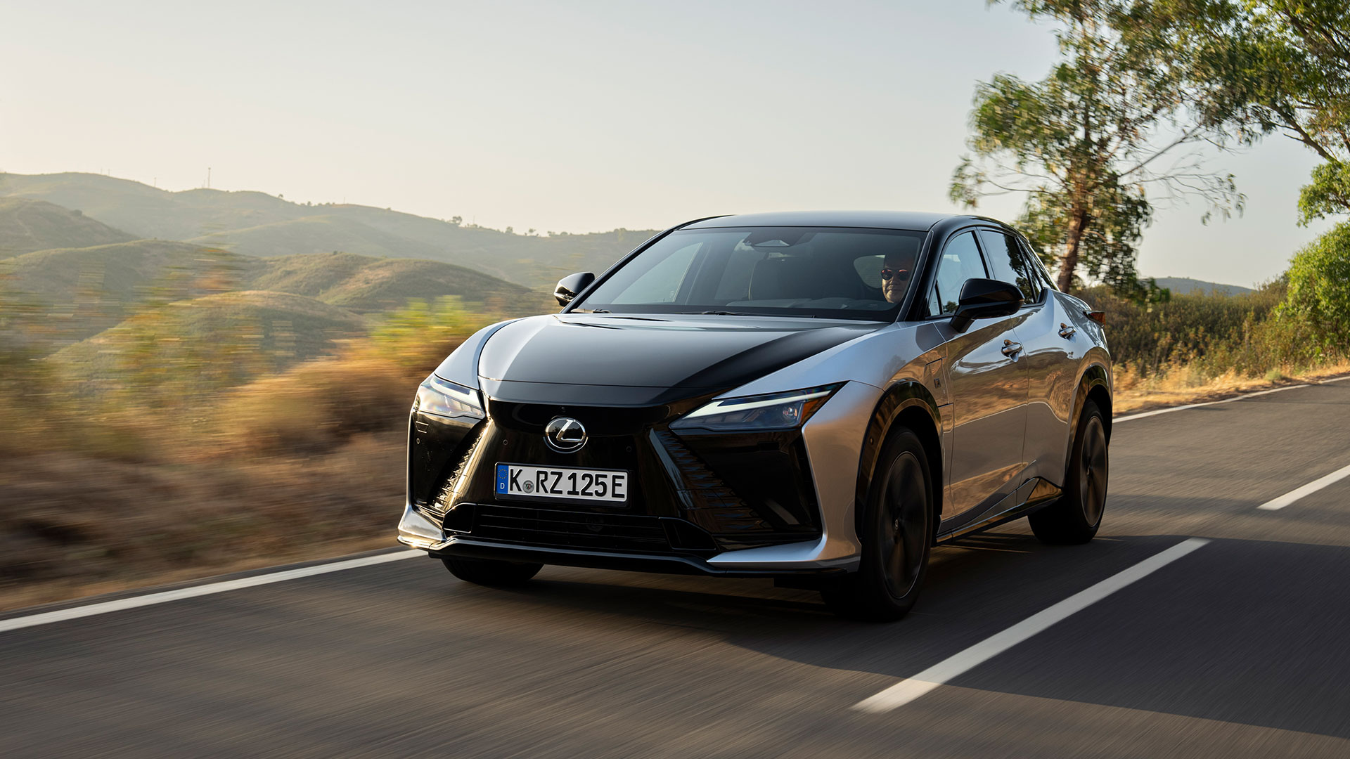 Lexus RZ electric SUV, silver and black, driving on a road through a natural landscape