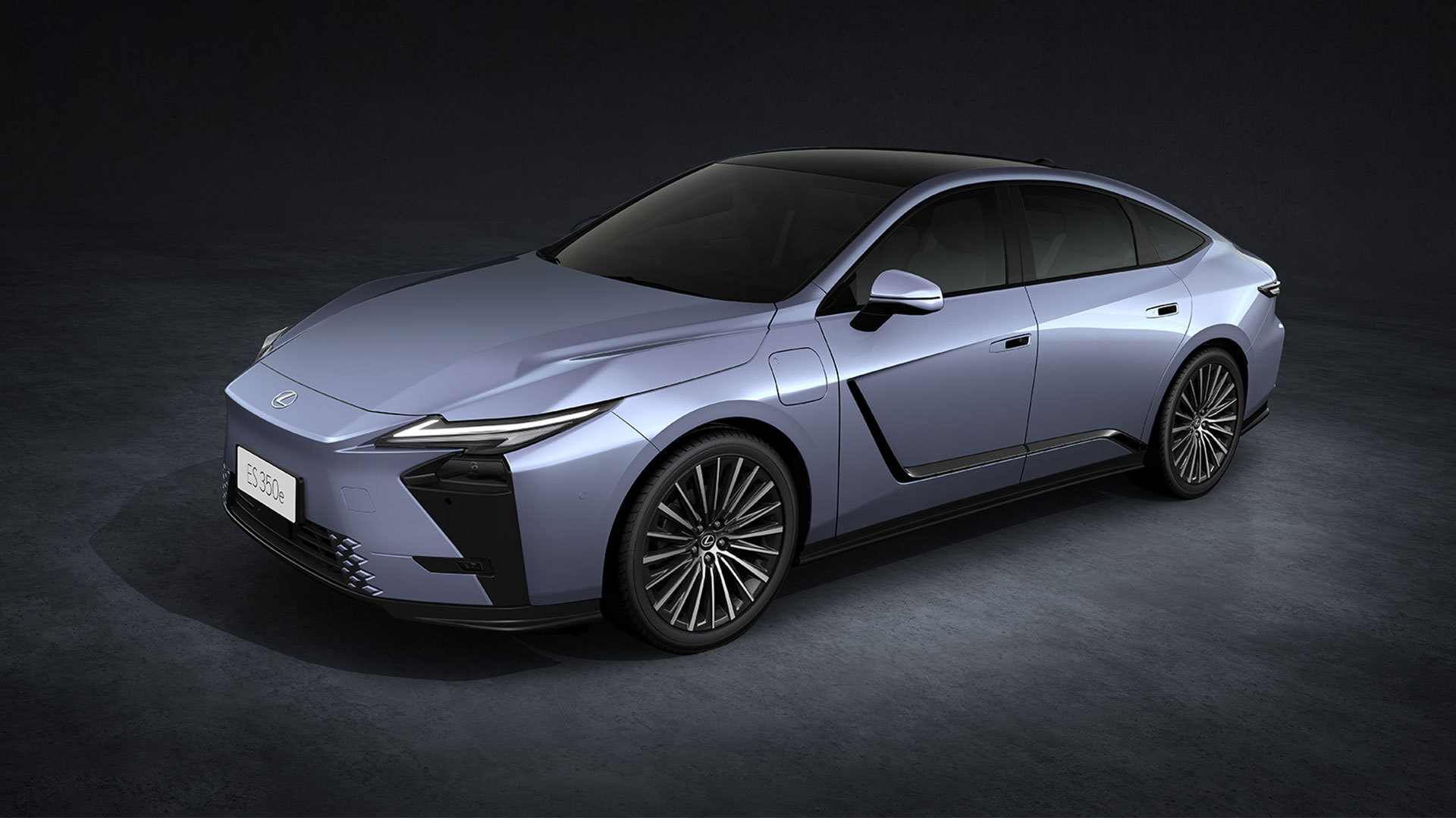 Light blue 2026 Lexus ES 350e all-electric sedan, side profile view in studio setting.