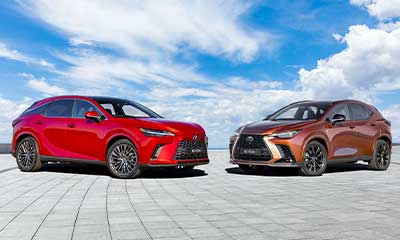 Lexus Plug-in Hybrid Range vehicles in red an copper  colours.